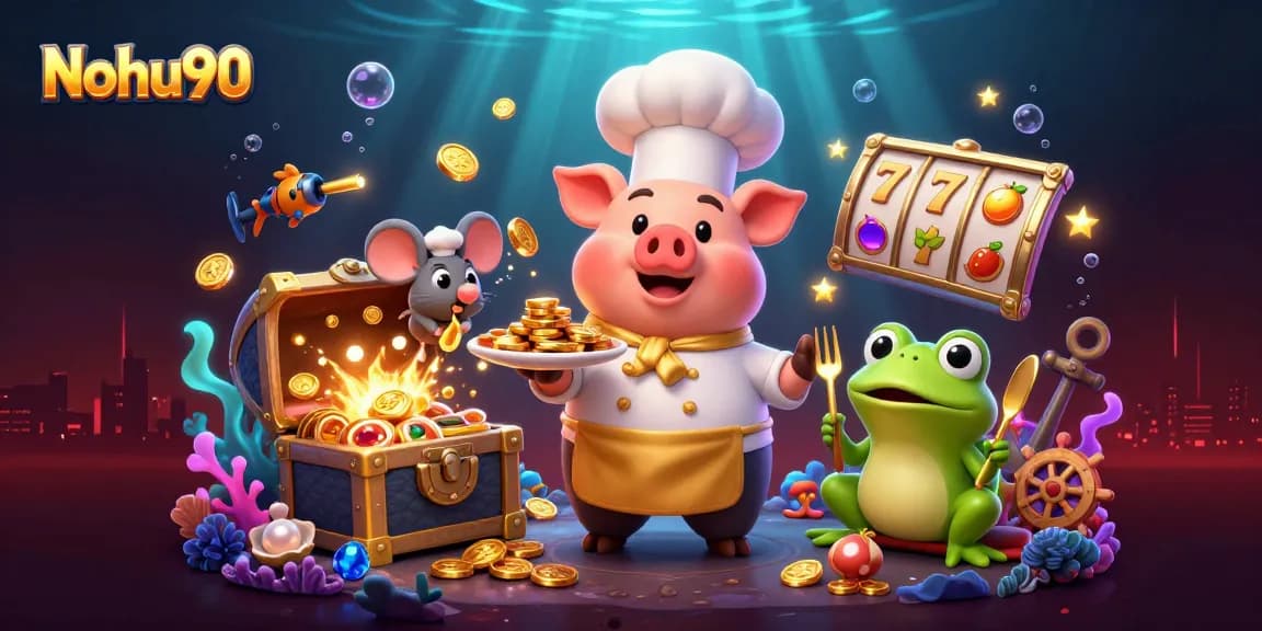 Nohu90 showcases a lively casino scene with characters and gold coins in 3D illustration.