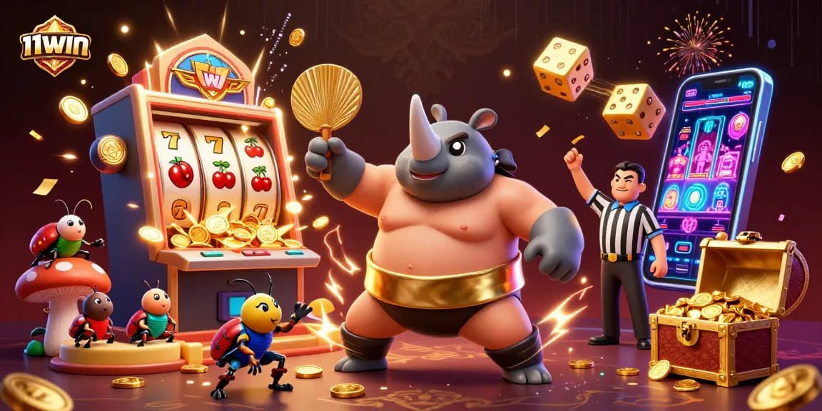Experience thrills with 11WIN's cartoon beetle champion amidst vibrant casino chaos.