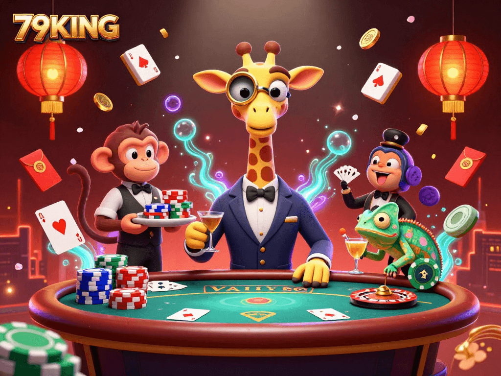 79KING showcases a vibrant 3D casino scene with a high-roller giraffe and dynamic gaming elements.