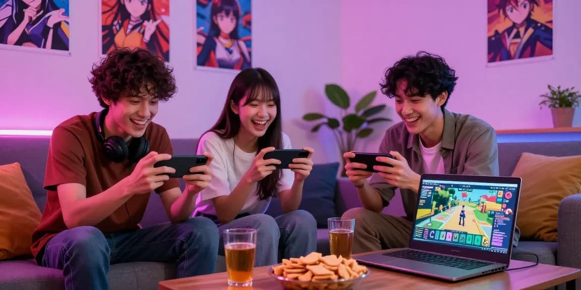 Enjoying mobile hentai games on smartphones in a cozy gaming space.