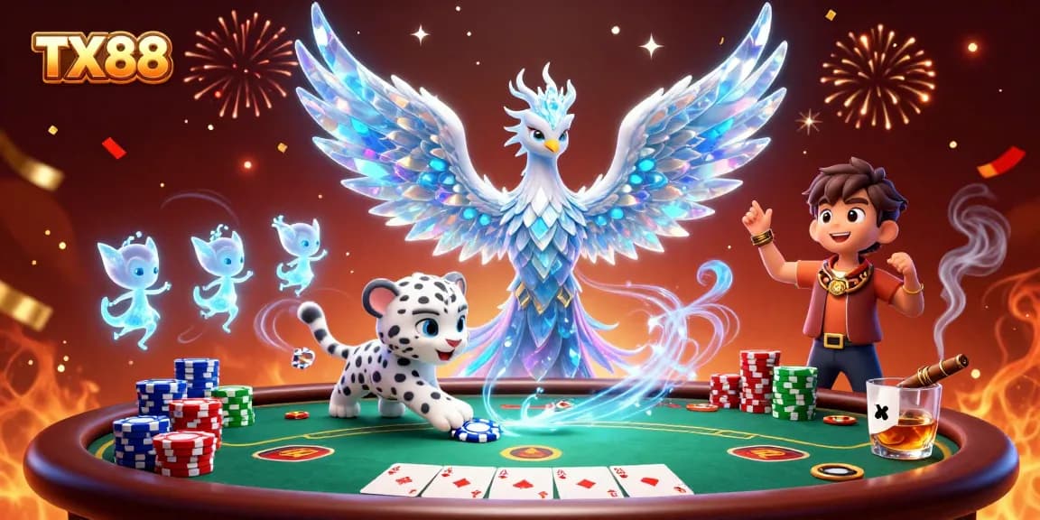 TX88 captivates players with an ice phoenix and poker elements in a vibrant casino scene.