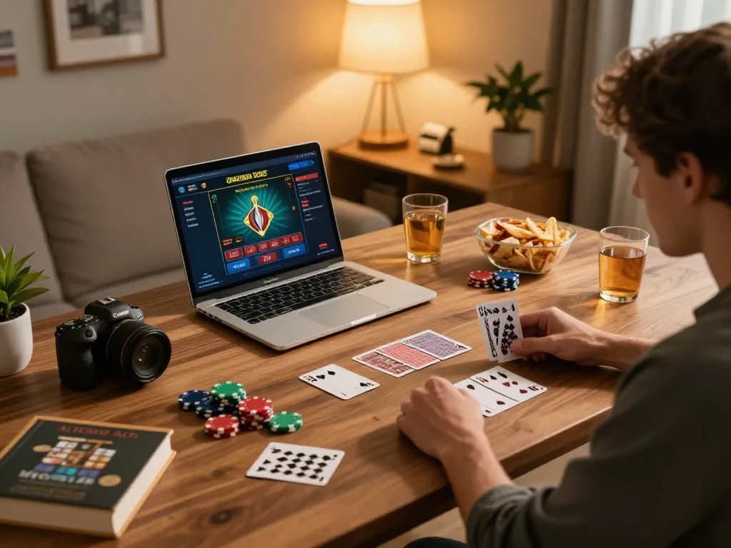cm88 players analyzing their hands in a cozy home gaming setup, enhancing responsible gambling.