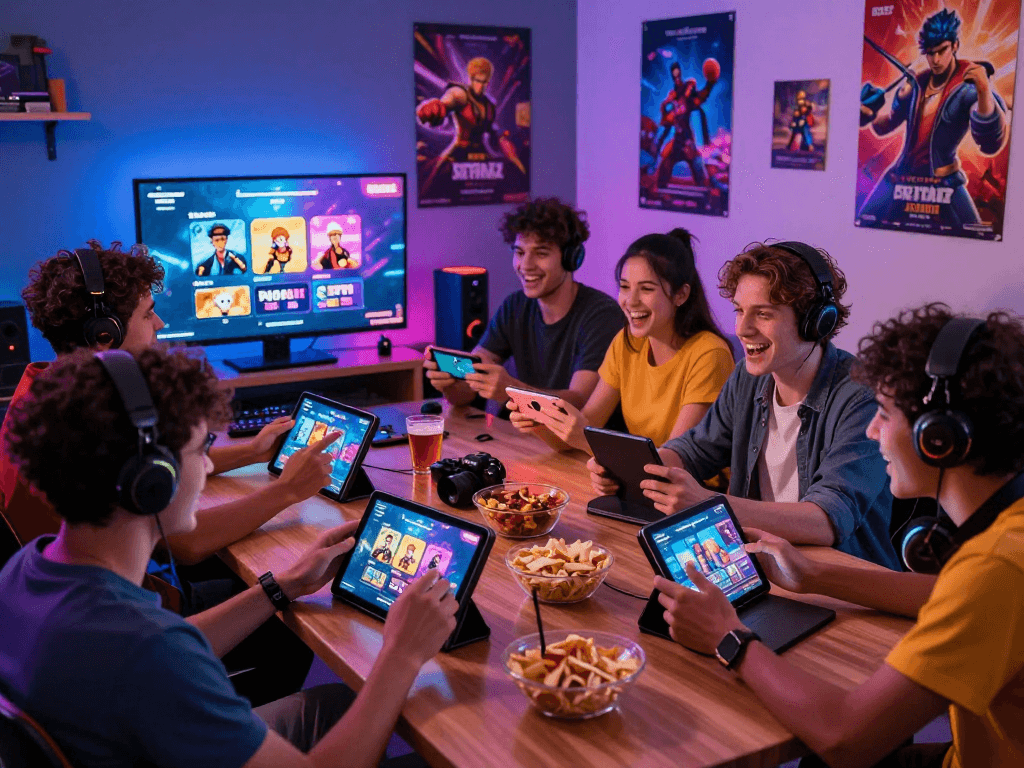 Group of friends enjoying free porn games together on devices in a lively gaming environment