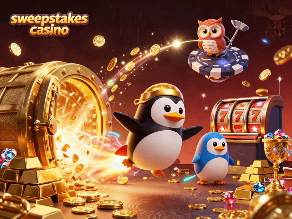 Experience the thrill of sweepstakes casino gaming with dynamic illustrations of a golden penguin spaceship.