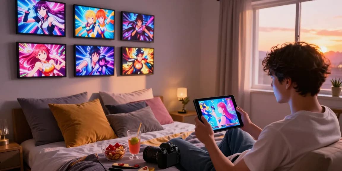 Player enjoying engaging hentaigames on a cozy bed with vibrant visuals and snacks nearby.