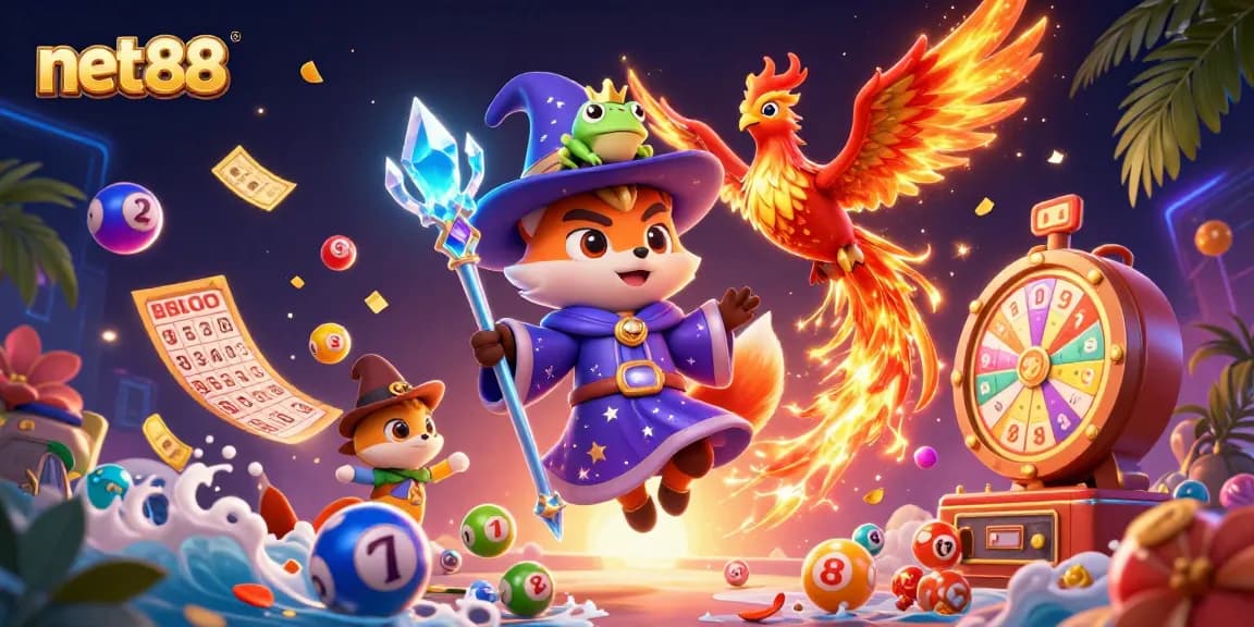 Experience the excitement of net88 with a dynamic casino-themed illustration featuring a wizard fox and phoenix.