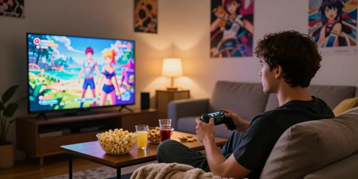 Player enjoying hentai games on a cozy couch with ambient lighting