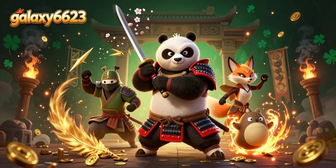 Engage in thrilling action at galaxy6623, featuring a samurai panda and ninja fox in an exciting casino setting.