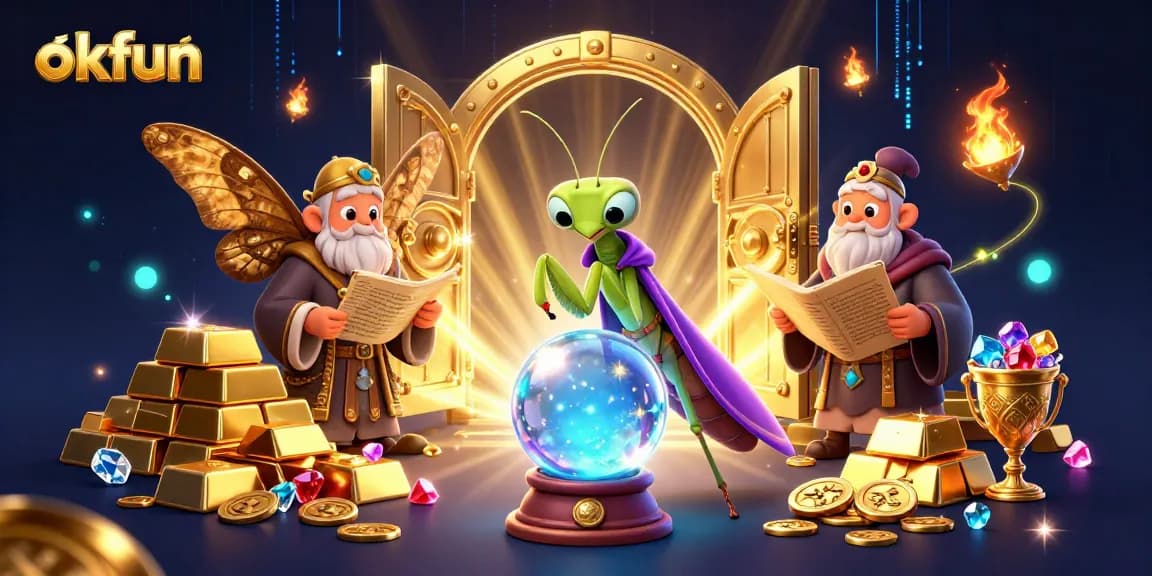 Experience luck and excitement with okfun's dynamic casino illustration featuring magical elements and treasures.
