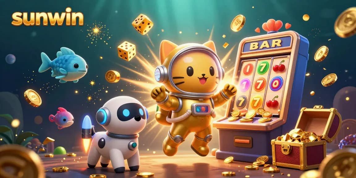 Experience thrilling gameplay at sunwin with a dynamic slot machine and floating characters in a glittering cosmic scene.