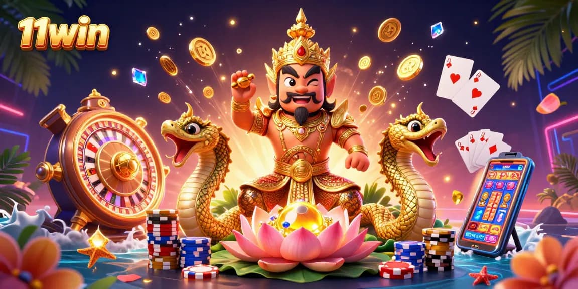 Spin and win at 11WIN with a vibrant 3D casino scene featuring mythical guardians and thrilling slot action.