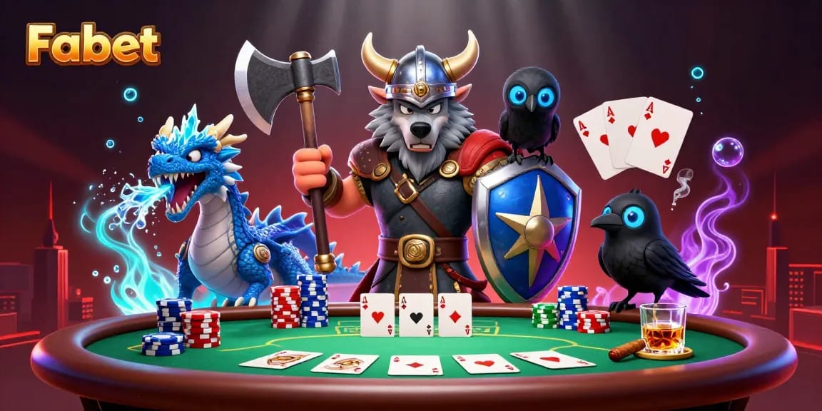 Join the exciting world of Fabet with a fierce Viking warrior and dragon at a dynamic poker scene.