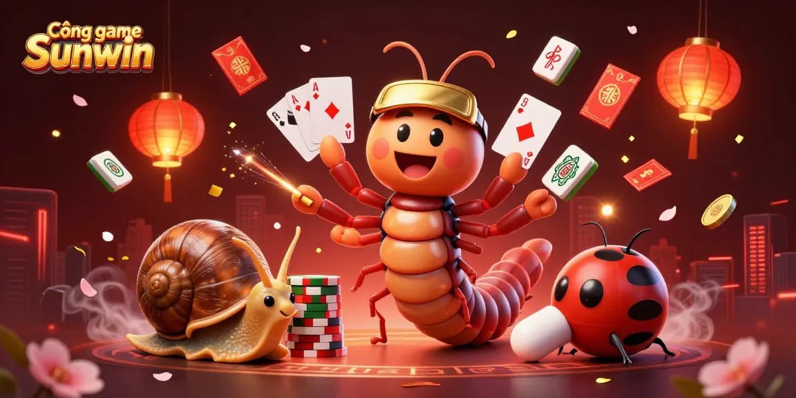 Cổng game Sunwin features a whimsical 3D scene with a millipede dealer and snail high-roller in a vibrant casino atmosphere.