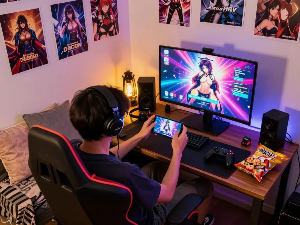 Engaging scene of a gamer enjoying a porn game online in a cozy nook with vibrant graphics and gaming accessories.