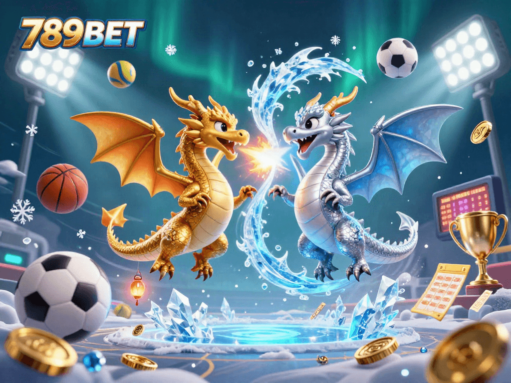 Experience dynamic sports excitement with the 789BET casino featuring dragons, trophies, and betting slips.