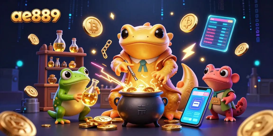 Spin to win with ae889 in a magical 3D casino scene featuring golden alchemy and crypto elements.