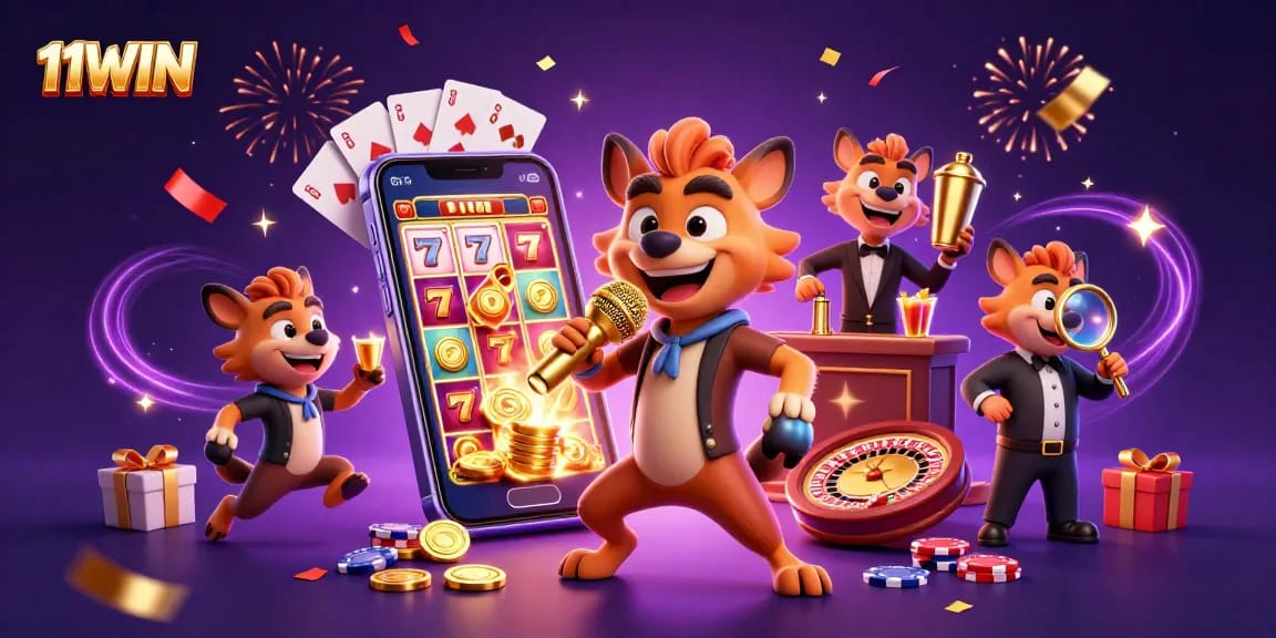 Experience thrilling moments with 11WIN in a vibrant comedy casino scene featuring hyena characters.