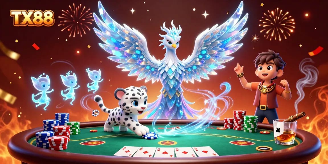 TX88 captivates players with an ice phoenix and poker elements in a vibrant casino scene.