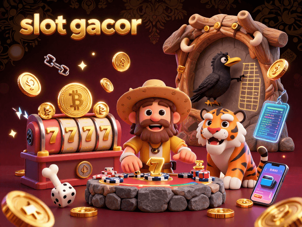 Engage with slot gacor featuring a dynamic casino scene with a caveman and sabertooth tiger.