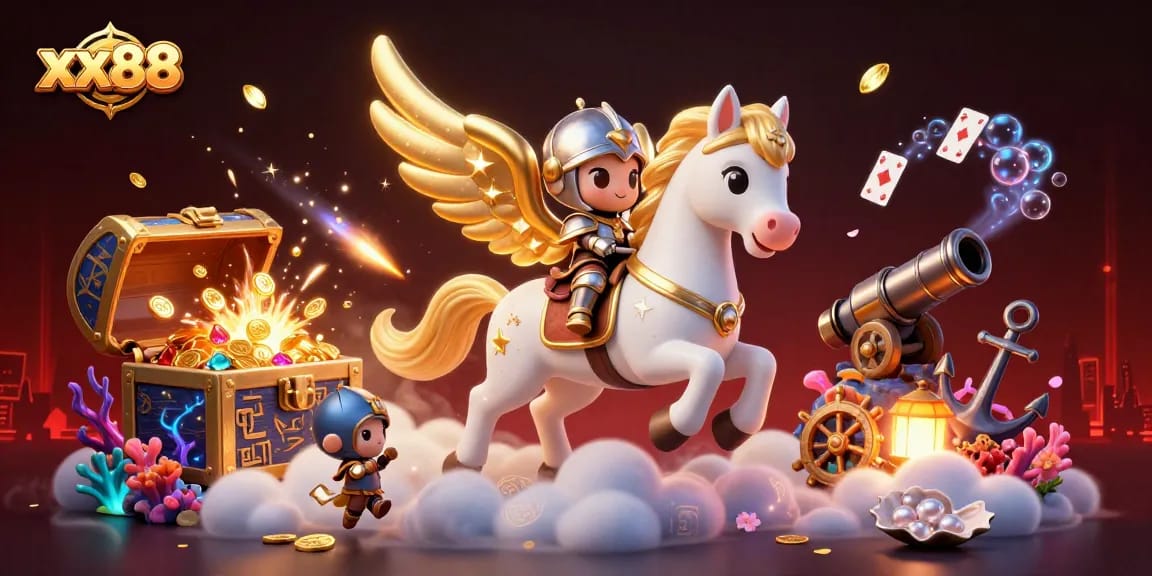 Experience thrilling gameplay at xx88 with a dynamic illustration of a celestial horse and treasure elements.
