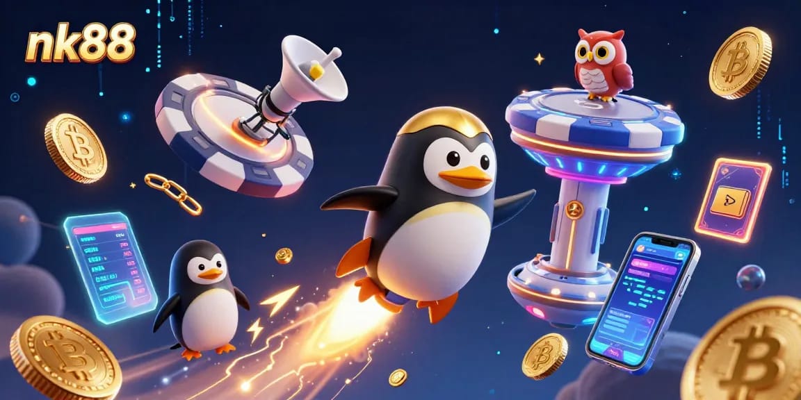 Bet and win on nk88 as a golden penguin zooms toward the casino space station.