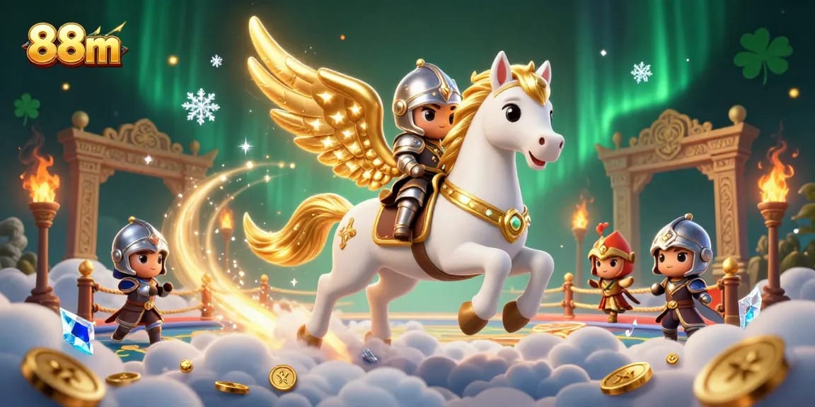 88m captures big wins with a celestial horse and armored knight in a vibrant casino scene.