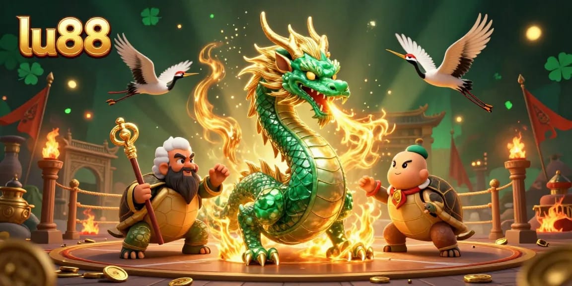 Experience thrilling gaming action with lu88, featuring a dynamic dragon and lucky cranes in a vibrant casino scene.