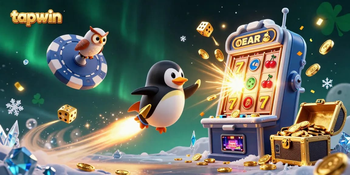 Experience thrilling jackpot wins with tapwin's dynamic gaming scene featuring a penguin and slot machine.