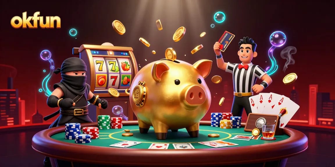 Experience thrilling gameplay at okfun with vibrant slot reels, golden piggy bank sumo wrestler, and dynamic casino action.