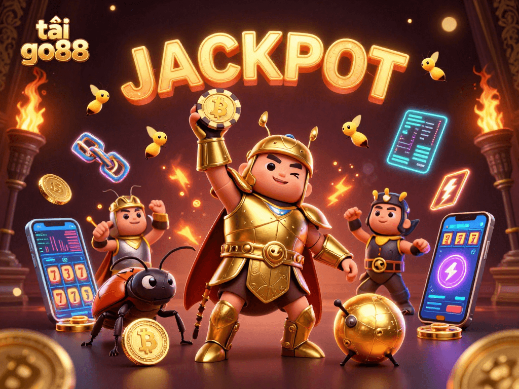 Engage in thrilling gaming action with tải go88 featuring a victorious beetle and vibrant casino elements.