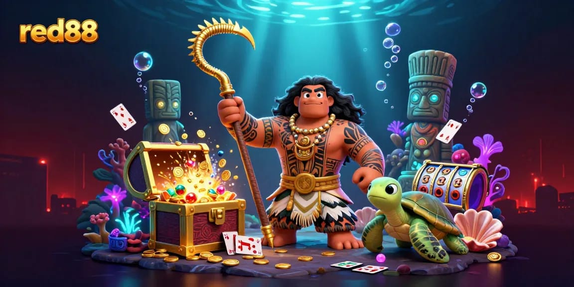 Experience the thrill of winning at red88's vibrant casino with a demigod and turtle in a rich 3D illustration.