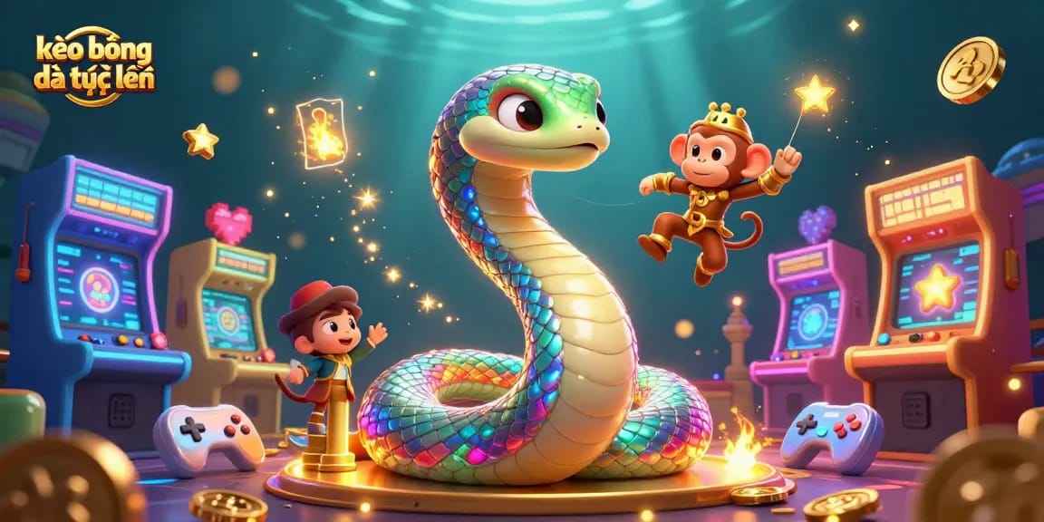 Engage with kèo bóng đá trực tuyến through vibrant illustrations of a rainbow serpent and gaming elements illuminating the scene.
