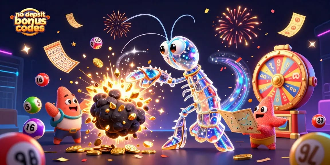 No deposit bonus codes illustration: a galactic samurai mantis shrimp conquering an asteroid amid treasures.