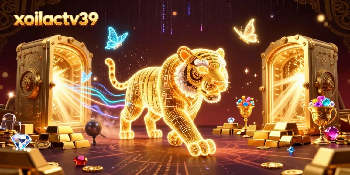 Experience the excitement of xoilactv39 with a neon-wireframe golden tiger in a vibrant casino scene.