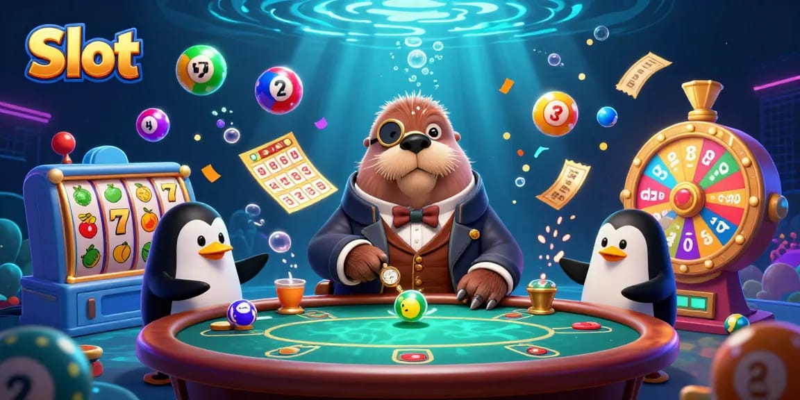 Slot yang menarik dengan walrus kartun dan dealer penguin di meja poker bawah laut.