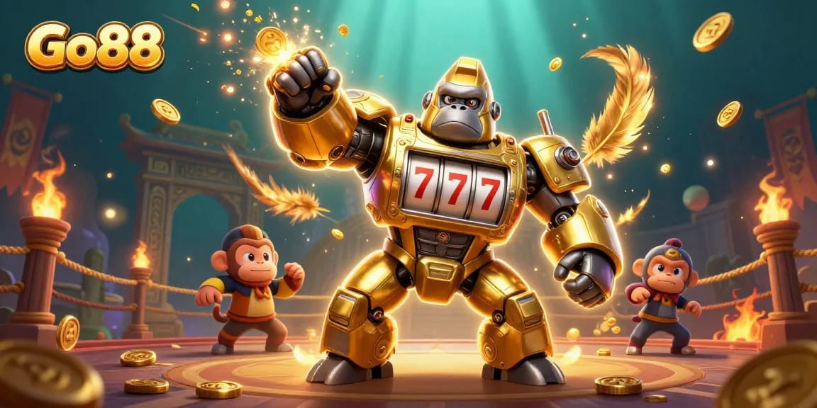 Experience the thrill of Go88 with a dynamic golden gorilla mech in a vibrant casino adventure.