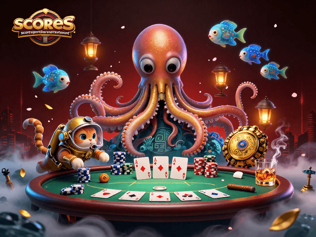 Experience thrilling game action at scorerssportsbarandrestaurant with a lively poker scene featuring vibrant characters and dynamic gameplay.