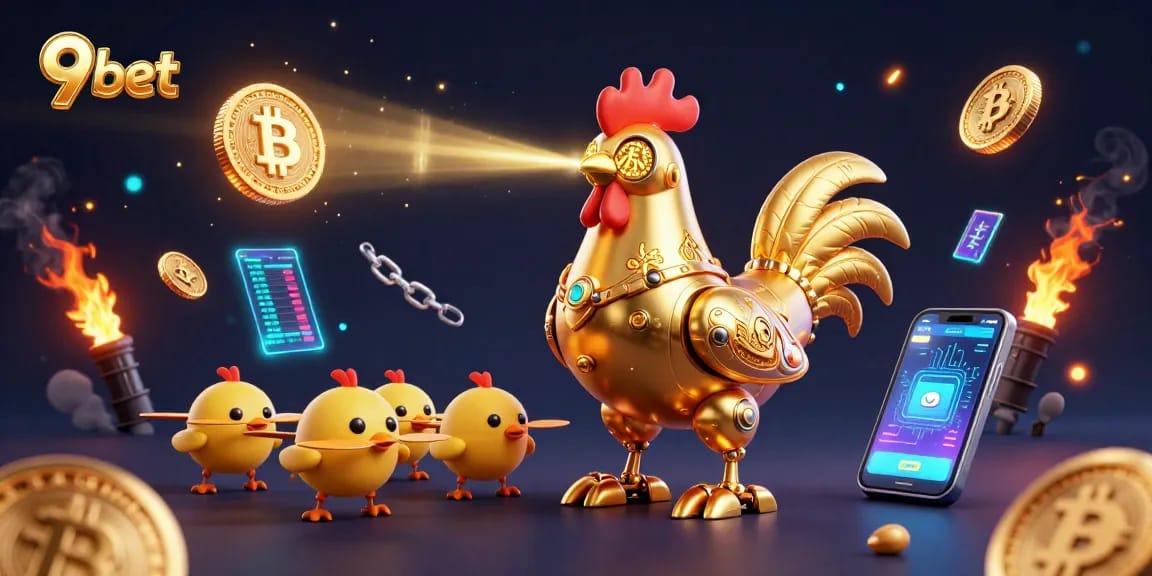 Experience thrilling gameplay at 9bet with a vibrant illustration featuring cryptocurrency symbols.