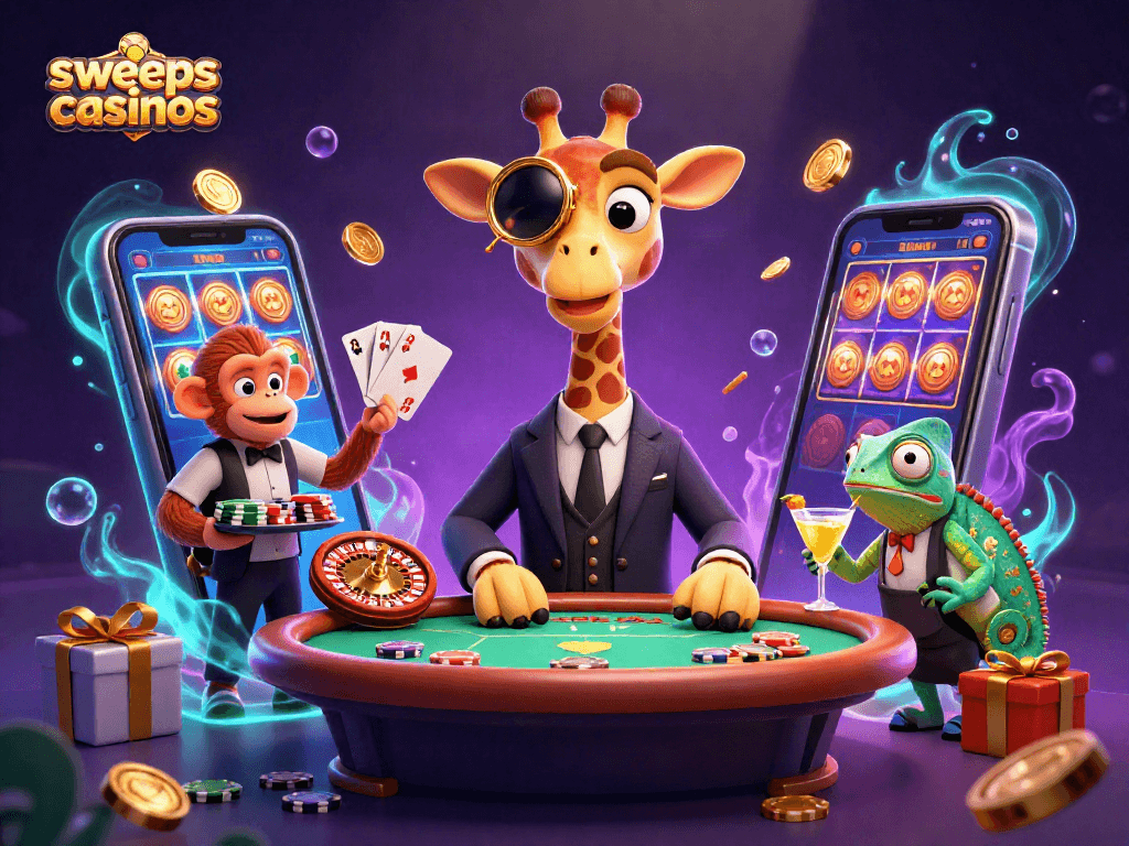 Experience the excitement of sweeps casinos with high-roller giraffe, monkey valet, and chameleon bartender!