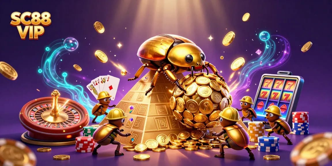 Experience the thrill of SC88 VIP with golden coins, casino symbols, and vibrant gaming elements.
