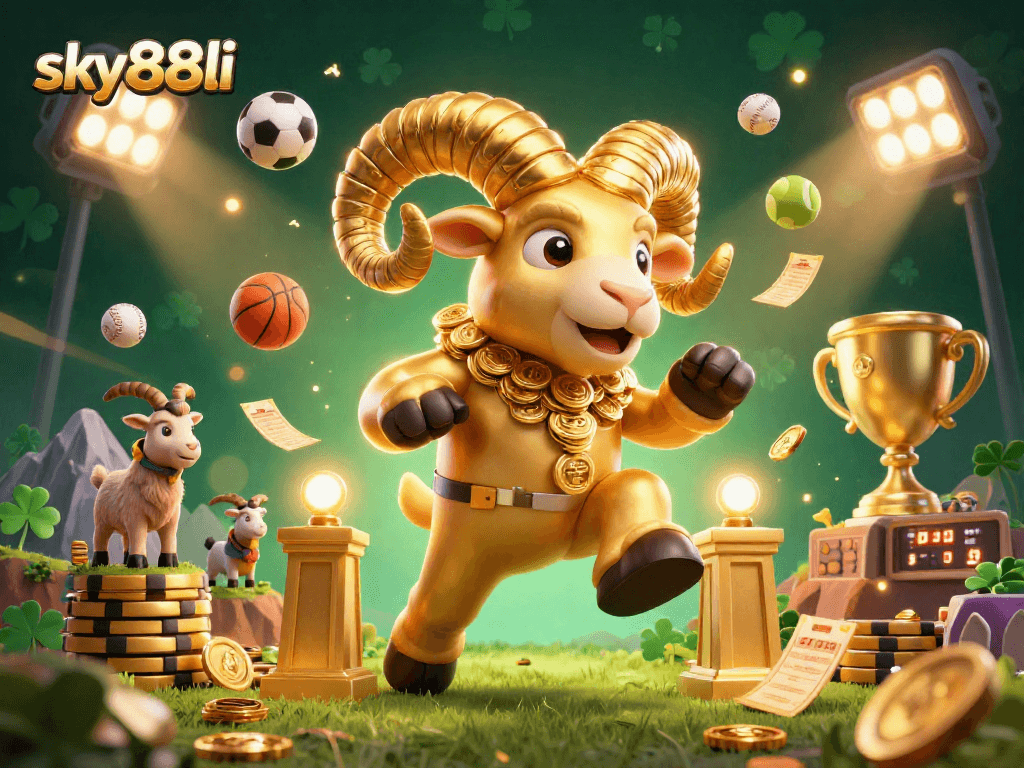Experience thrilling sports betting with sky88li and a dynamic golden ram charging through exciting gaming elements.