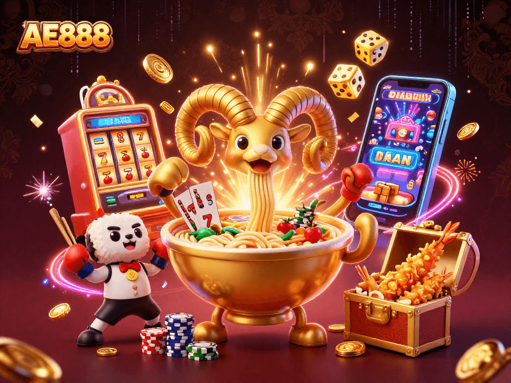 AE888 brings excitement with a vibrant 3D casino scene featuring dynamic elements and characters.