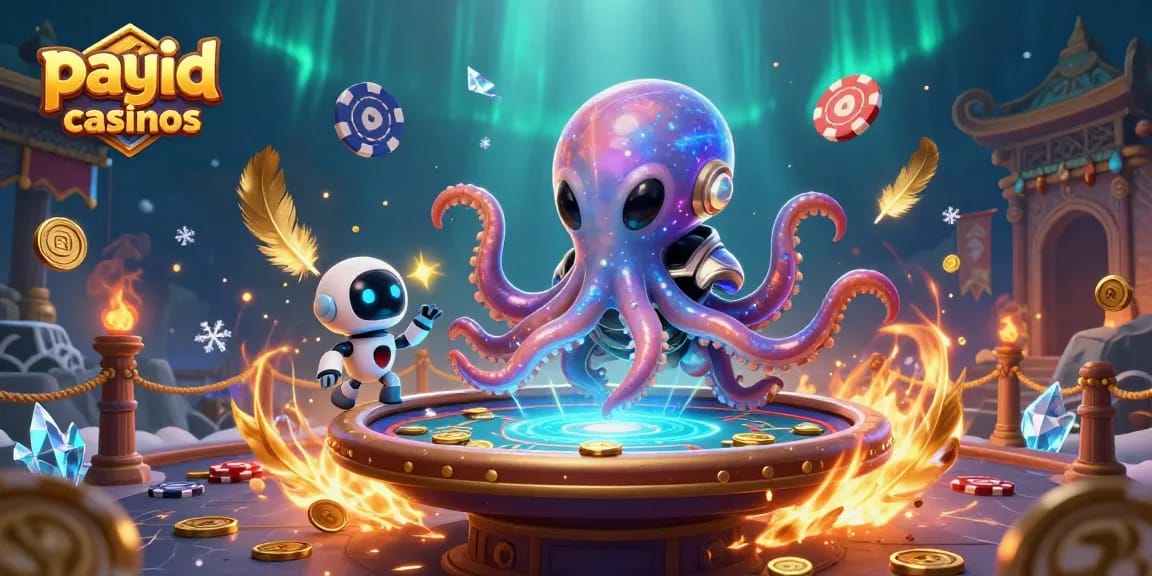 Engage with payid casinos through a vibrant 3D scene featuring an alien octopus and robot at a poker table.