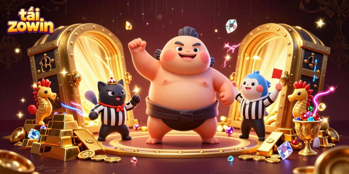 Join the fun and tải zowin with this playful scene of a fugu in a sumo match surrounded by treasures!