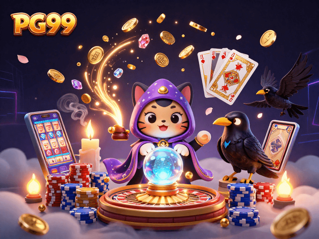 Engage with PG99's dynamic casino scene featuring fortune teller cat and raven in 3D illustration.