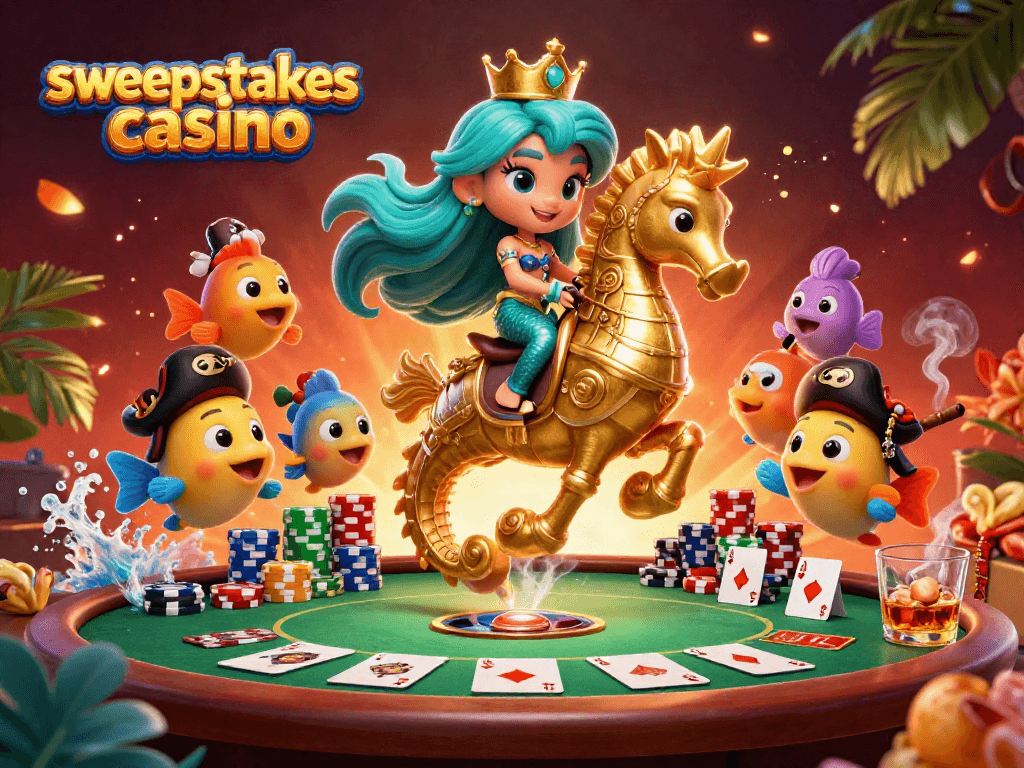 Experience the excitement at a sweepstakes casino with vibrant characters and poker elements.