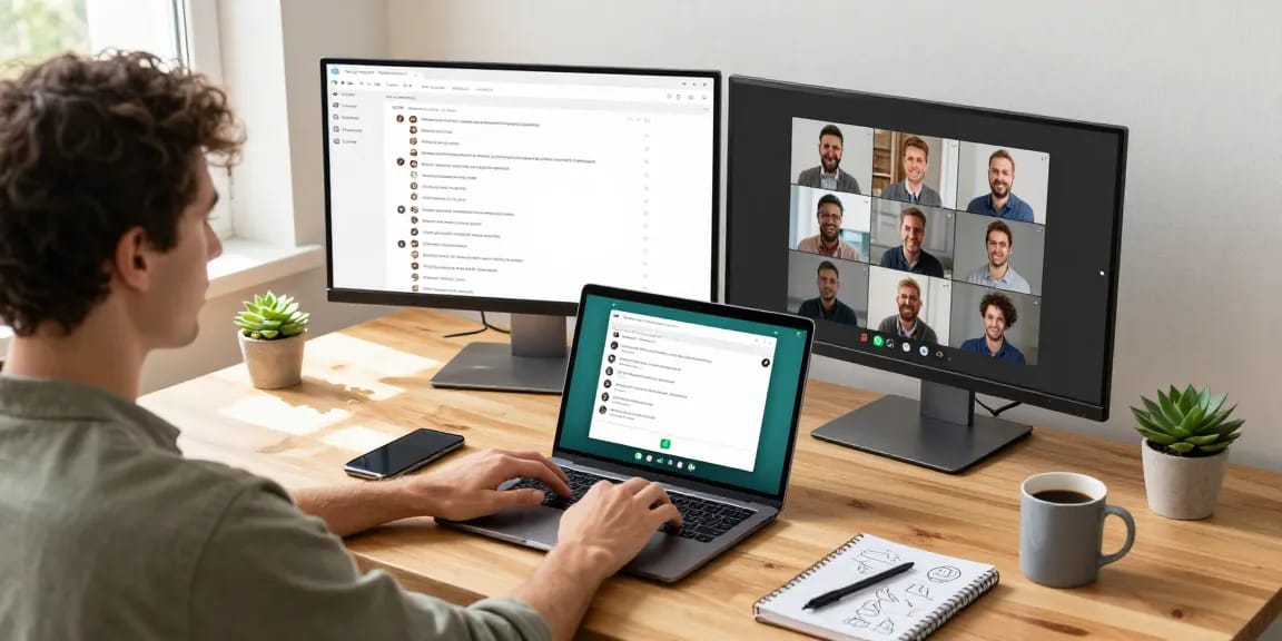 Engaged user utilizing WhatsApp電腦版 on laptop in a modern home office.