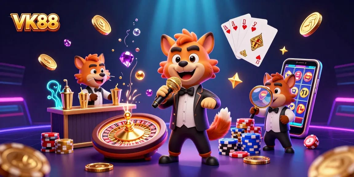 Experience VK88 in a lively casino club with animated hyenas, sparkling coins, and vibrant game elements.