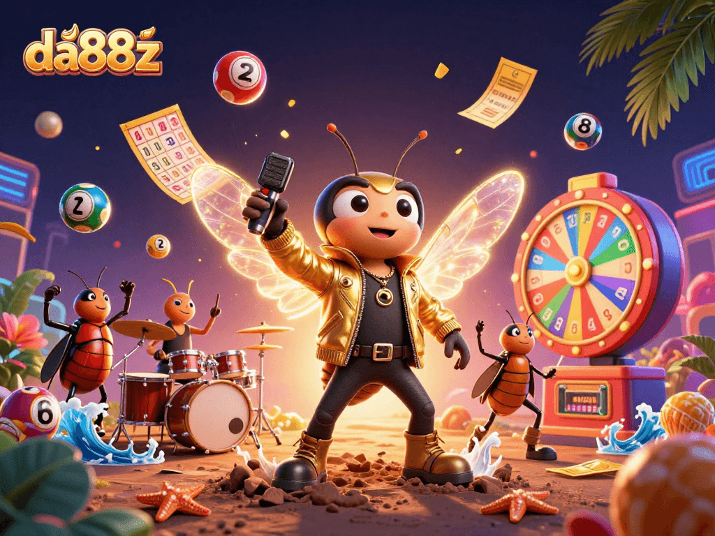 Experience the thrill of da88z with a vibrant lottery scene featuring a rock star and dynamic game elements.