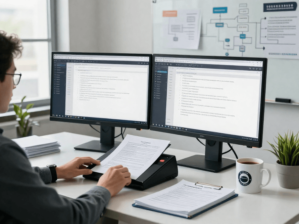 Professional workspace focused on document fraud detection with analyst using dual monitors and scanning technology.